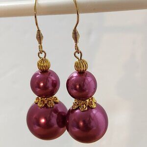 Hand Crafted Pearl Earrings Magenta Gold Pierced Dangle Drop